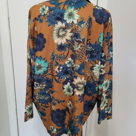 Bryn Walker Women Blouse Shirt Top Large Long Sleeve Button Floral Brown - Picture 6 of 9